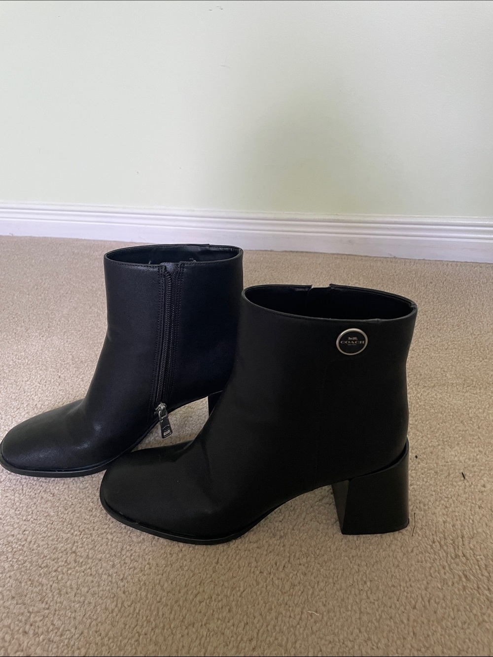 Coach Black Leather Ankle Booties with Block Heel